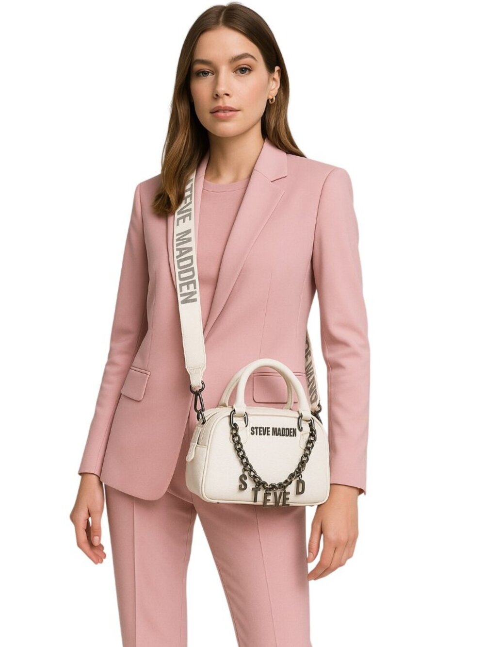 Steve Madden White Mini Barrel Satchel Bag With Chain Accent Adjustable Strap